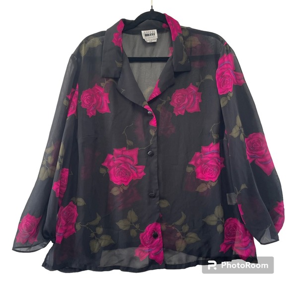Leslie Fay Tops - Leslie Fay‎ Rose Print Sheer Blouse Womens Petite 22WP Black Pink Floral